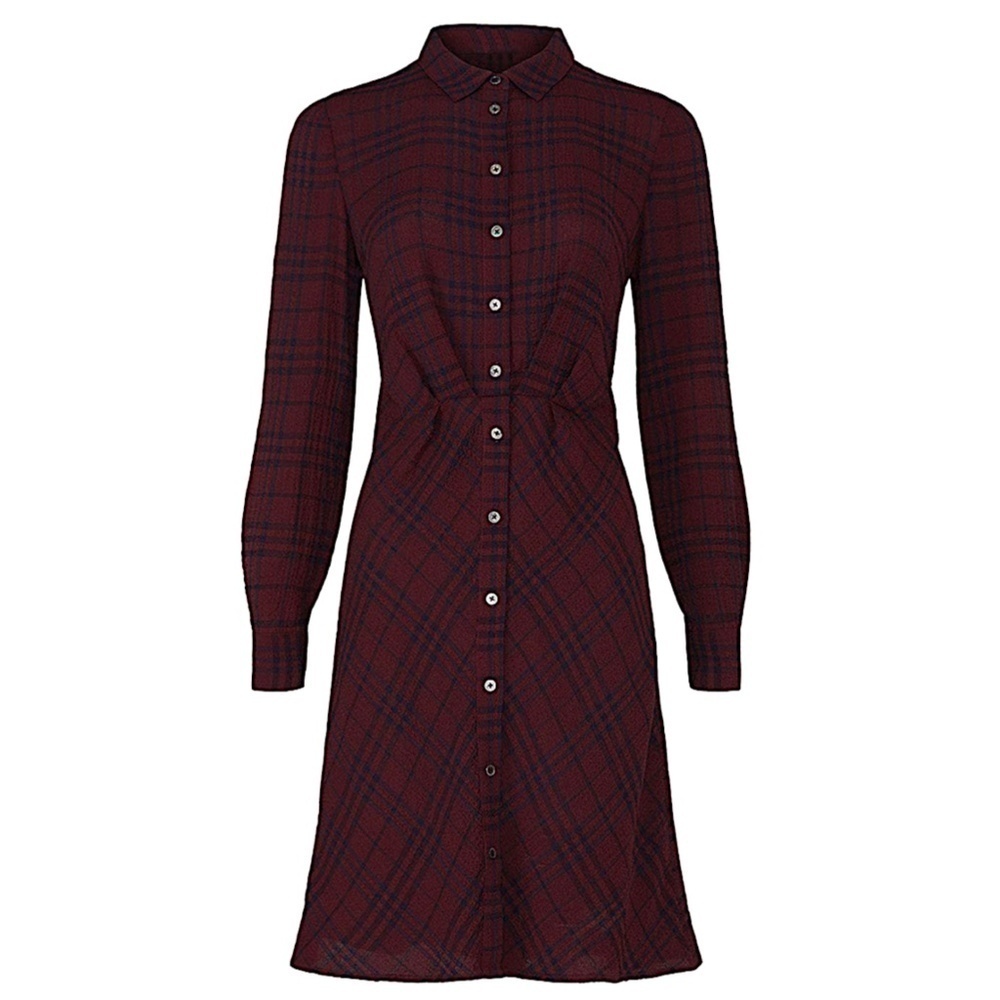 Thakoon Collective Crinkle Crepe Plaid Dark Academia Shirtdress Maroon Designer